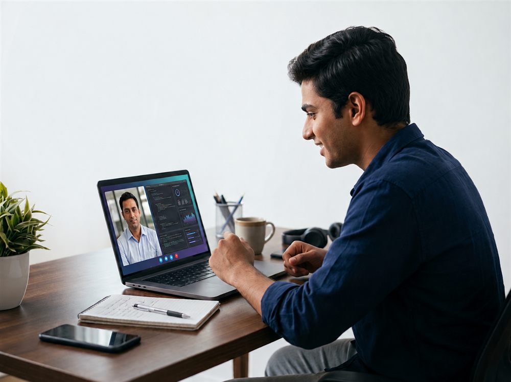 A student smiling during a live online class with an instructor on his laptop