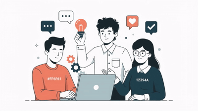 Illustration of three students working together on a laptop and sharing ideas