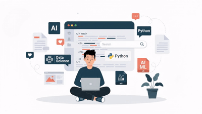 Illustration of a student coding on a laptop, surrounded by AI, ML, Data Science and Python topics